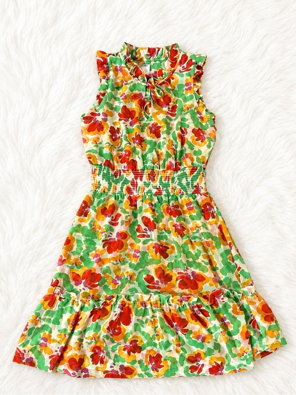 Cabi Floral Sleeveless Smocked Waist Ruffle Hem Dress Women's small